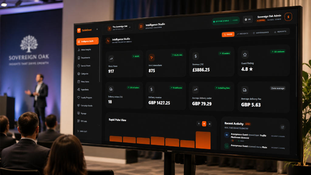 TableGreet analytics dashboard visual representation, demonstrating real-time visitor tracking, daily session conversions, and menu impression statistics.